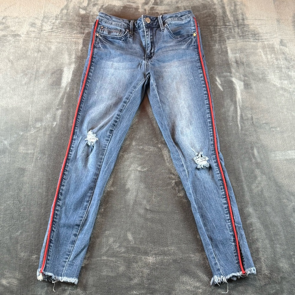 Seven 7 Women's Jeans Size‎ 4 Mid Rise Ankle Skinny Red Trim Raw Hem Distressed
